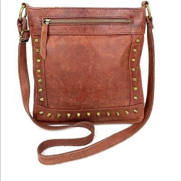Lucky Brand Dixie Crossbody Bag Brown Distressed Leather Studded Handbag Purse - Picture 2 of 10